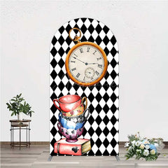Aperturee - Aperturee Alice in Wonderland Inspired Birthday Arch Backdrop Mad Hatter Tea Party with Clock Whimsical Photo Prop Decor