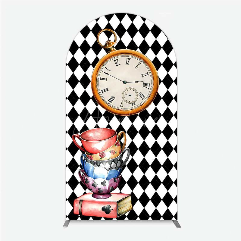 Aperturee - Aperturee Alice in Wonderland Inspired Birthday Arch Backdrop Mad Hatter Tea Party with Clock Whimsical Photo Prop Decor