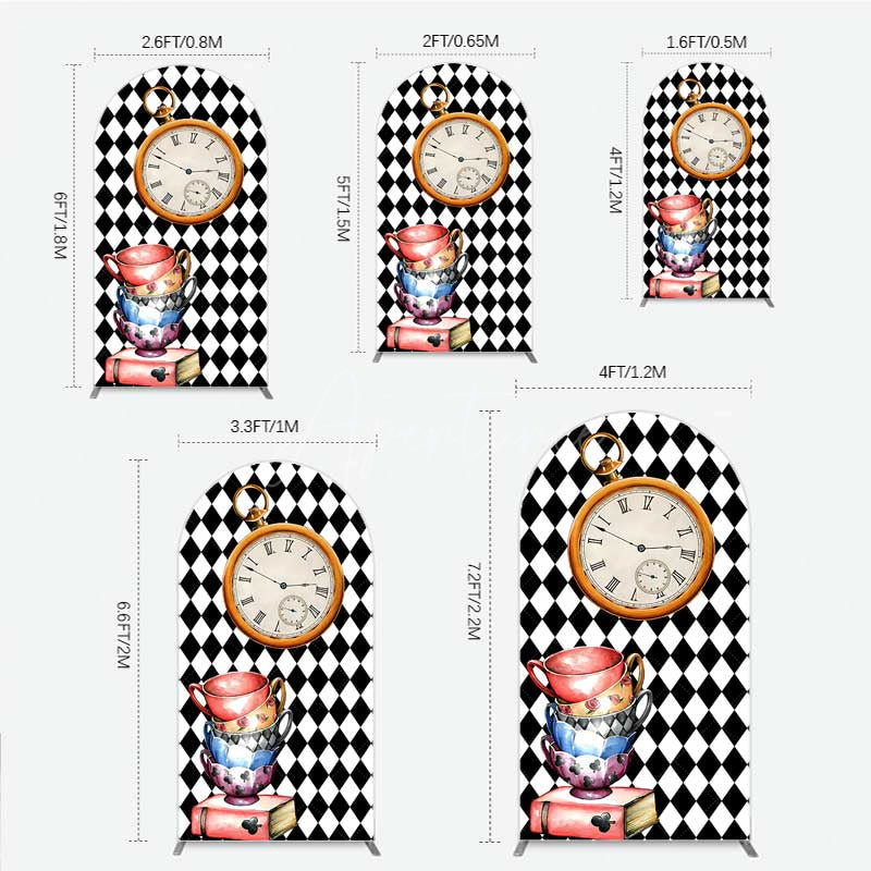 Aperturee - Aperturee Alice in Wonderland Inspired Birthday Arch Backdrop Mad Hatter Tea Party with Clock Whimsical Photo Prop Decor