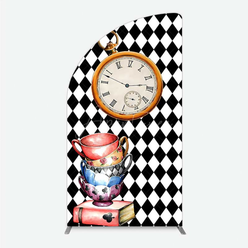 Aperturee - Aperturee Alice in Wonderland Inspired Birthday Half Moon Arch Backdrop Mad Hatter Tea Party with Clock Whimsical Photo Prop