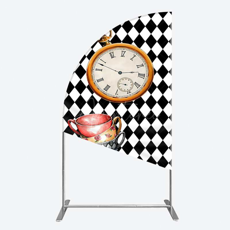 Aperturee - Aperturee Alice in Wonderland Inspired Birthday Half Moon Arch Backdrop Mad Hatter Tea Party with Clock Whimsical Photo Prop
