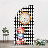 Aperturee - Aperturee Alice in Wonderland Inspired Birthday Half Moon Arch Backdrop Mad Hatter Tea Party with Clock Whimsical Photo Prop