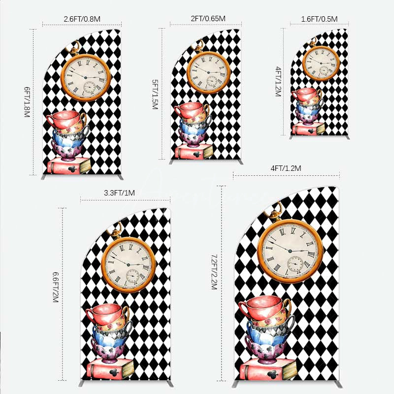 Aperturee - Aperturee Alice in Wonderland Inspired Birthday Half Moon Arch Backdrop Mad Hatter Tea Party with Clock Whimsical Photo Prop