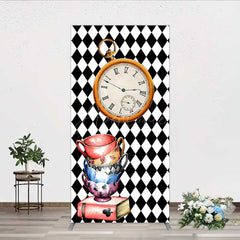 Aperturee - Aperturee Alice in Wonderland Inspired Birthday Rectangle Backdrop Mad Hatter Tea Party with Clock Whimsical Photo Prop Decor