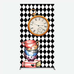 Aperturee - Aperturee Alice in Wonderland Inspired Birthday Rectangle Backdrop Mad Hatter Tea Party with Clock Whimsical Photo Prop Decor