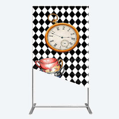 Aperturee - Aperturee Alice in Wonderland Inspired Birthday Rectangle Backdrop Mad Hatter Tea Party with Clock Whimsical Photo Prop Decor