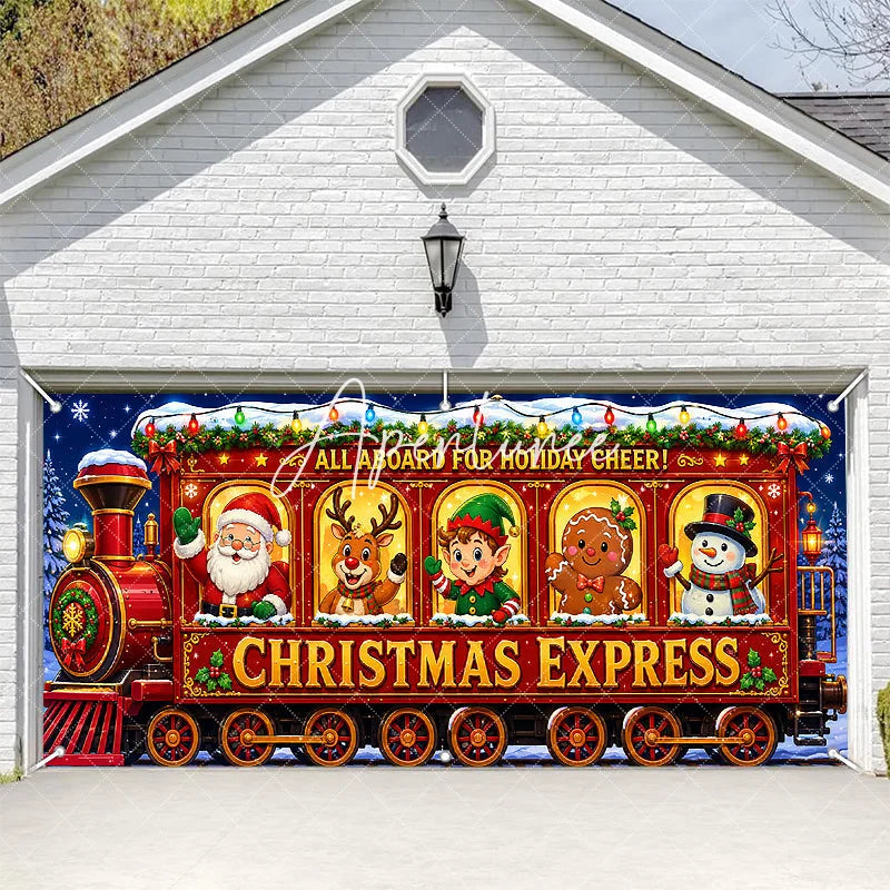 Aperturee - Aperturee All Aboard for Holiday Cheer Christmas Express Train with Santa Reindeer Elf Snowman Garage Door Banner