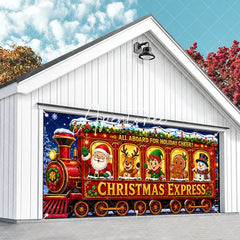 Aperturee - Aperturee All Aboard for Holiday Cheer Christmas Express Train with Santa Reindeer Elf Snowman Garage Door Banner