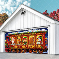 Aperturee - Aperturee All Aboard for Holiday Cheer Christmas Express Train with Santa Reindeer Elf Snowman Garage Door Banner
