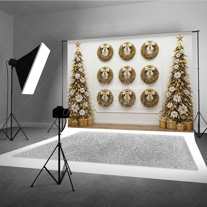 Aperturee - Aperturee All Gold Christmas Photography Backdrop Elegant Wall of Wreaths with Stylized Trees Luxury Holiday Photo Background