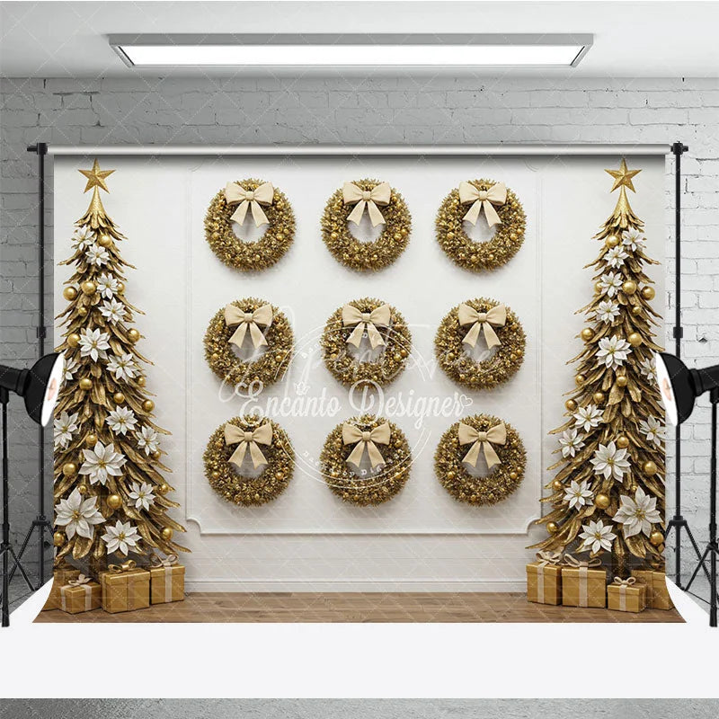 Aperturee - Aperturee All Gold Christmas Photography Backdrop Elegant Wall of Wreaths with Stylized Trees Luxury Holiday Photo Background