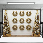 Aperturee - Aperturee All Gold Christmas Photography Backdrop Elegant Wall of Wreaths with Stylized Trees Luxury Holiday Photo Background