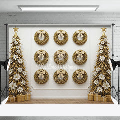 Aperturee - Aperturee All Gold Christmas Photography Backdrop Elegant Wall of Wreaths with Stylized Trees Luxury Holiday Photo Background