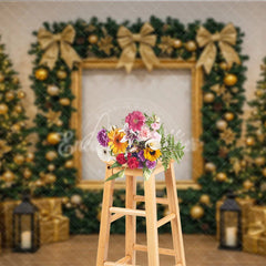 Aperturee - Aperturee All Gold Elegant Christmas Photography Backdrop Gold Frame with Garland and Trees Luxury Holiday Photo Background