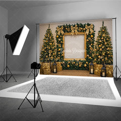 Aperturee - Aperturee All Gold Elegant Christmas Photography Backdrop Gold Frame with Garland and Trees Luxury Holiday Photo Background