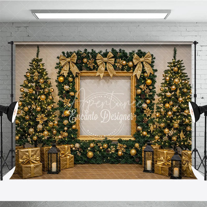 Aperturee - Aperturee All Gold Elegant Christmas Photography Backdrop Gold Frame with Garland and Trees Luxury Holiday Photo Background
