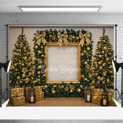 Aperturee - Aperturee All Gold Elegant Christmas Photography Backdrop Gold Frame with Garland and Trees Luxury Holiday Photo Background