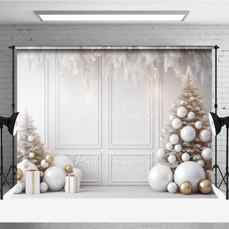 Aperturee - Aperturee All White and Gold Christmas Photography Backdrop Elegant Room with White Trees Modern Holiday Photo Background