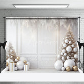 Aperturee - Aperturee All White and Gold Christmas Photography Backdrop Elegant Room with White Trees Modern Holiday Photo Background