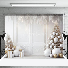 Aperturee - Aperturee All White and Gold Christmas Photography Backdrop Elegant Room with White Trees Modern Holiday Photo Background