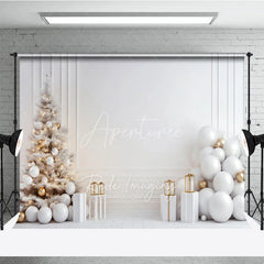 Aperturee - Aperturee All White Christmas Photography Backdrop Minimalist and Modern with Gold Ornaments Elegant Holiday Background
