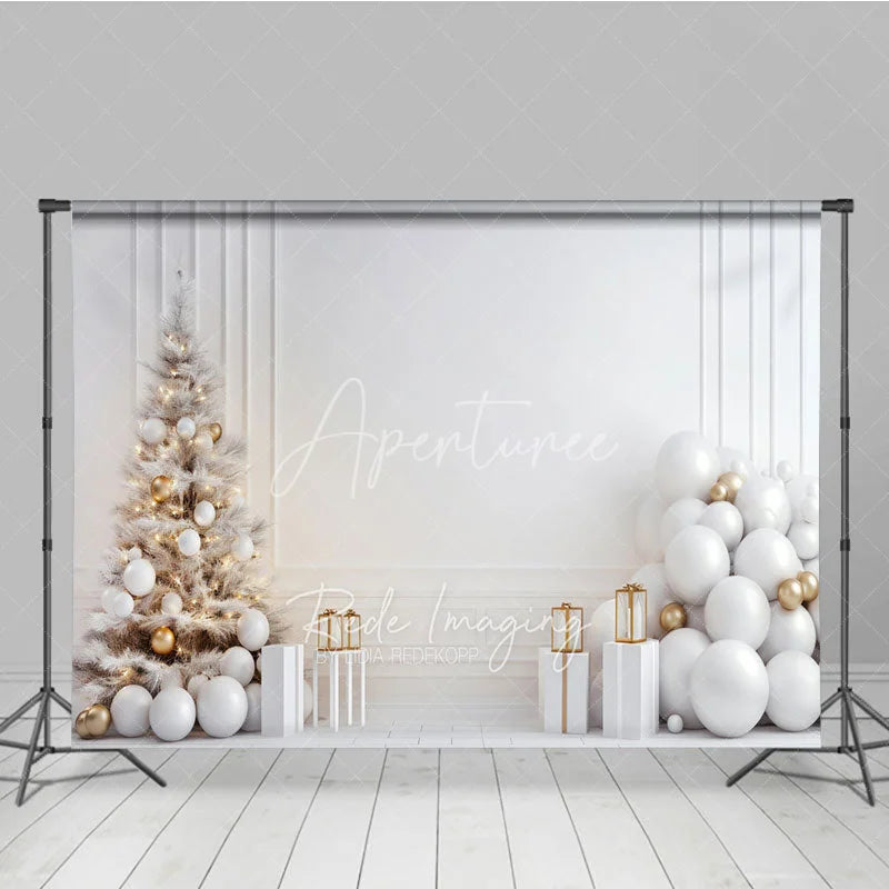 Aperturee - Aperturee All White Christmas Photography Backdrop Minimalist and Modern with Gold Ornaments Elegant Holiday Background