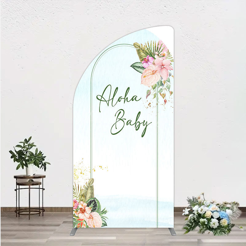 Aperturee - Aperturee Aloha Baby Shower Half Moon Arch Backdrop Tropical Hawaiian Floral and Palm Leaves Luau Themed Party Photo Booth Decor