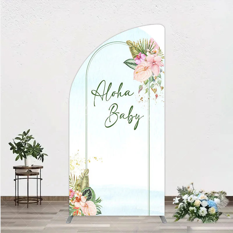 Aperturee - Aperturee Aloha Baby Shower Half Moon Arch Backdrop Tropical Hawaiian Floral and Palm Leaves Luau Themed Party Photo Booth Decor