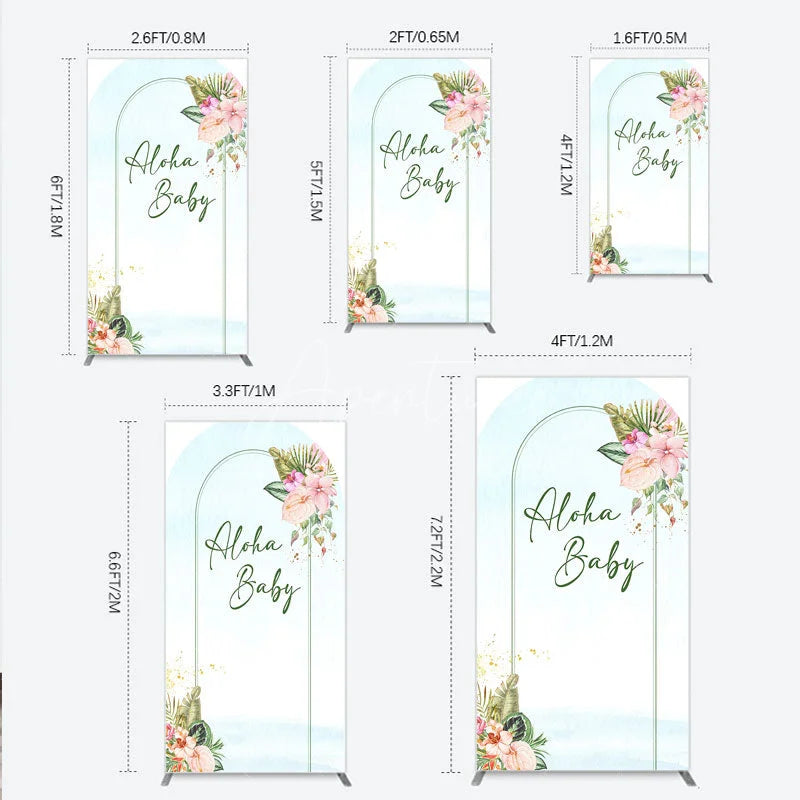 Aperturee - Aperturee Aloha Baby Shower Rectangle Backdrop Tropical Hawaiian Floral and Palm Leaves Luau Themed Party Photo Booth Decor
