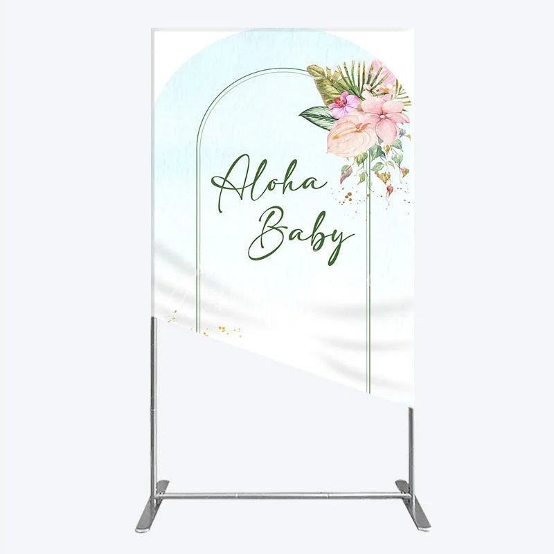 Aperturee - Aperturee Aloha Baby Shower Rectangle Backdrop Tropical Hawaiian Floral and Palm Leaves Luau Themed Party Photo Booth Decor