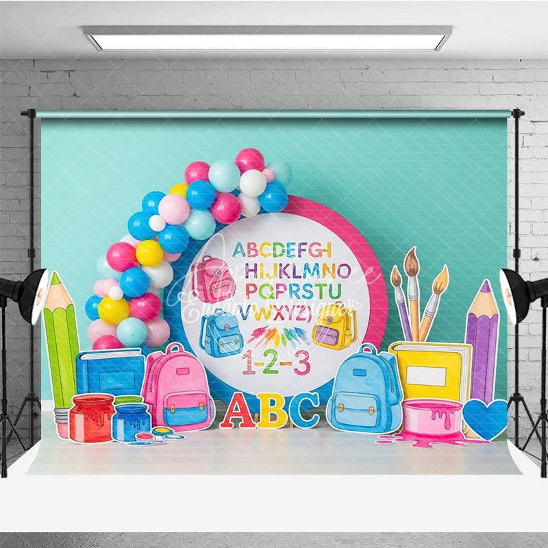 Aperturee - Aperturee Alphabet Back To School Backdrop Colorful ABC Letters Backpacks Background Kindergarten Photography Prop