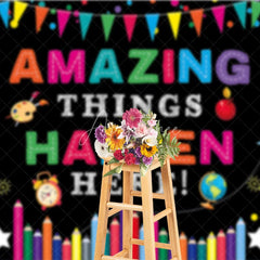 Aperturee - Aperturee Amazing Things Happen Here Colorful School Supplies Backdrop Education Classroom Learning Photo Booth