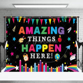 Aperturee - Aperturee Amazing Things Happen Here Colorful School Supplies Backdrop Education Classroom Learning Photo Booth