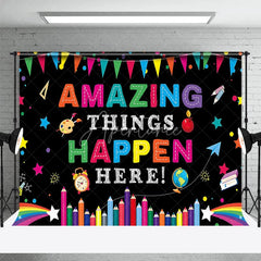 Aperturee - Aperturee Amazing Things Happen Here Colorful School Supplies Backdrop Education Classroom Learning Photo Booth