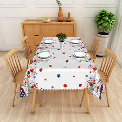 Aperturee - Aperturee American Flag Floral Rectangle Tablecloth Red White and Blue Scalloped Edge for Patriotic Decor