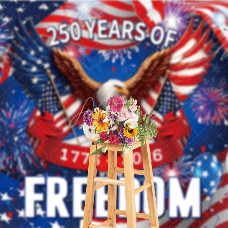 Aperturee - Aperturee American Flag Holiday Backdrop with Bald Eagle Fireworks and Red White Blue Balloons for Freedom Celebration