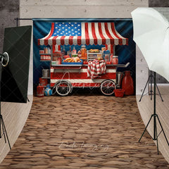 Aperturee - Aperturee American Flag Hot Dog Stand Sweep Backdrop Patriotic Street Food Cart for Summer Celebrations with Cobblestone Floor