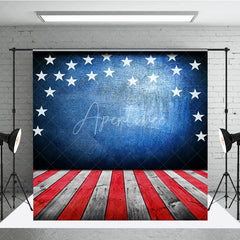 Aperturee - Aperturee American Flag Stars Blue Wall Red White Wood Floor Photography Backdrop