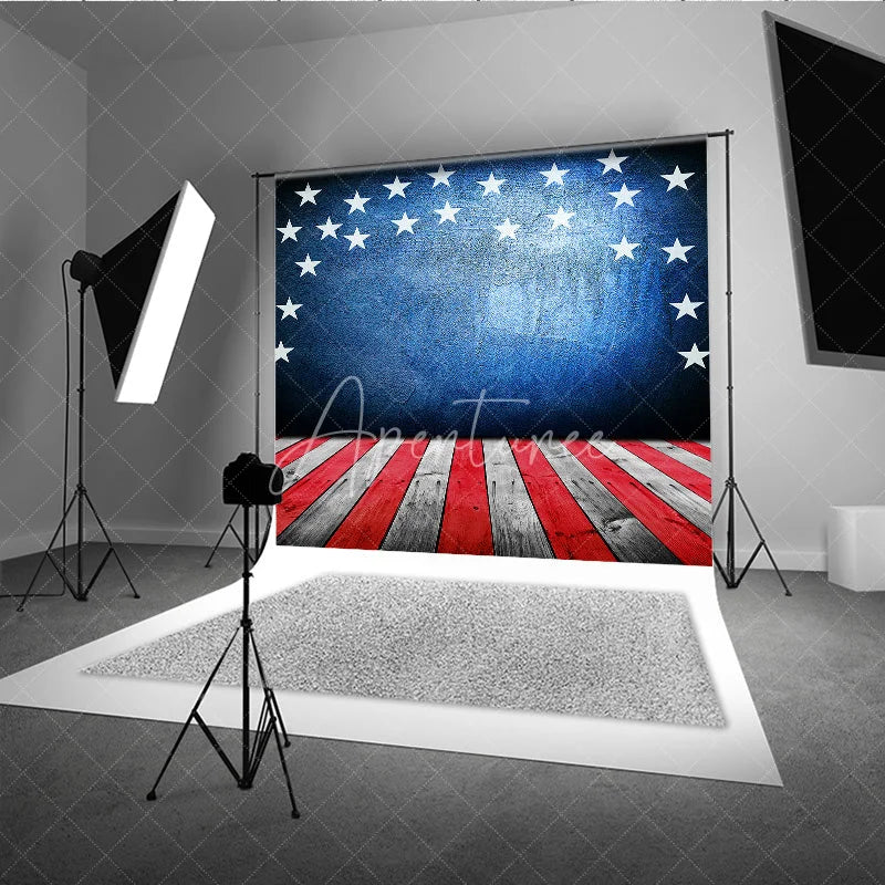 Aperturee - Aperturee American Flag Stars Blue Wall Red White Wood Floor Photography Backdrop