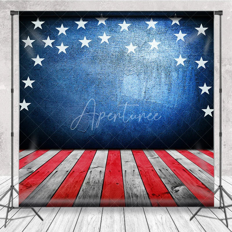 Aperturee - Aperturee American Flag Stars Blue Wall Red White Wood Floor Photography Backdrop