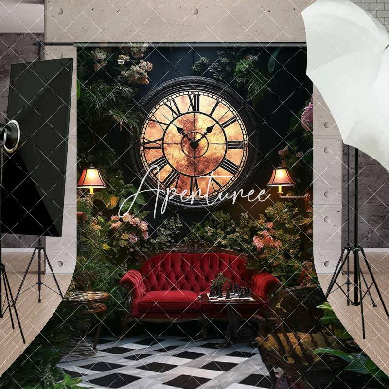 Aperturee - Aperturee Ancient Clock Greenery Floral Sofa Wedding Backdrop