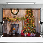 Aperturee - Aperturee Ancient Luxurious Fireplace Tree Christmas Backdrop