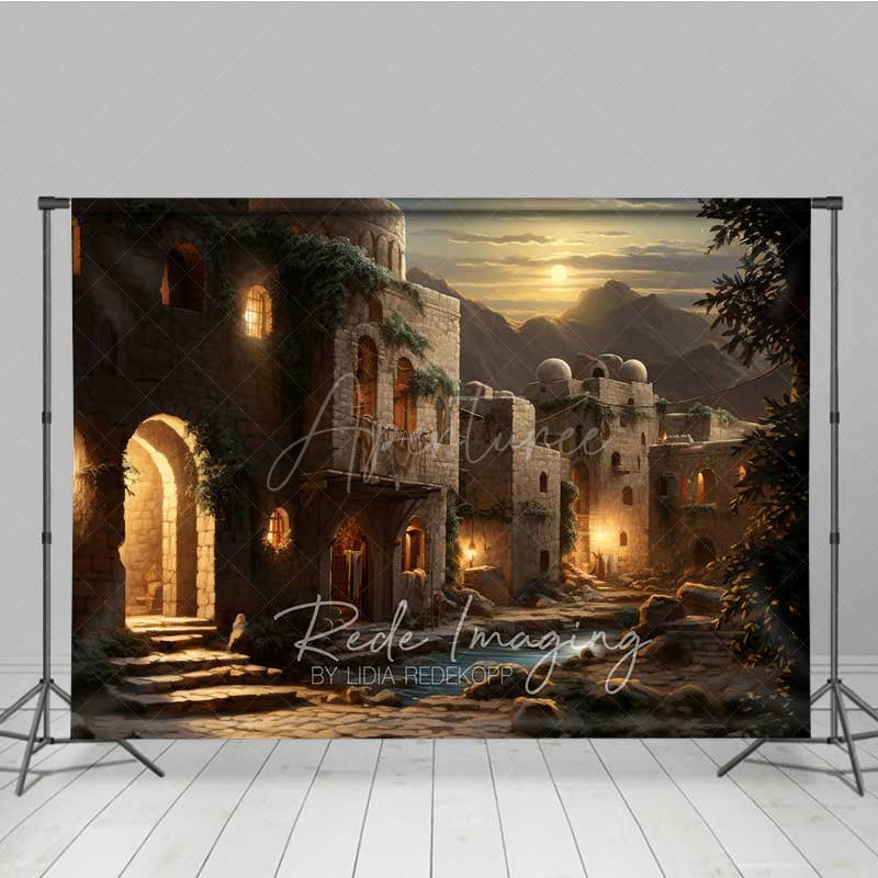 Aperturee - Aperturee Ancient Middle Eastern Village at Night Photography Backdrop Old Stone Buildings with Lanterns Biblical Prop