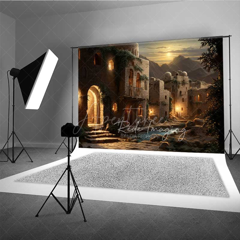 Aperturee - Aperturee Ancient Middle Eastern Village at Night Photography Backdrop Old Stone Buildings with Lanterns Biblical Prop