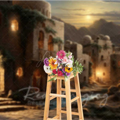 Aperturee - Aperturee Ancient Middle Eastern Village at Night Photography Backdrop Old Stone Buildings with Lanterns Biblical Prop