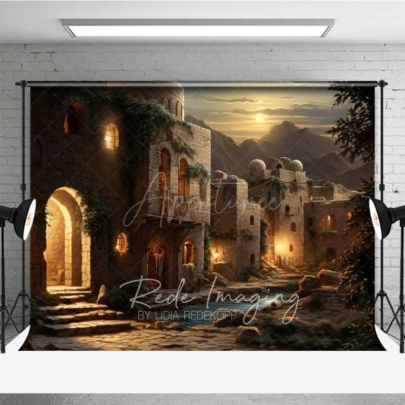 Aperturee - Aperturee Ancient Middle Eastern Village at Night Photography Backdrop Old Stone Buildings with Lanterns Biblical Prop