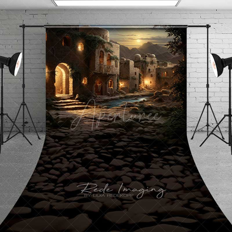 Aperturee - Aperturee Ancient Middle Eastern Village Sweep Photo Backdrop Old Stone Buildings with Lanterns Biblical Photo Prop