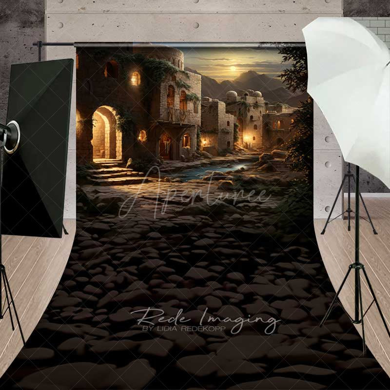 Aperturee - Aperturee Ancient Middle Eastern Village Sweep Photo Backdrop Old Stone Buildings with Lanterns Biblical Photo Prop