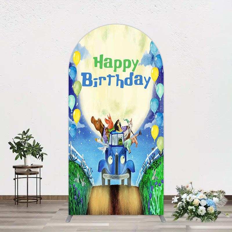 Aperturee - Aperturee Animals Blue Truck Balloons Birthday Arch Backdrop