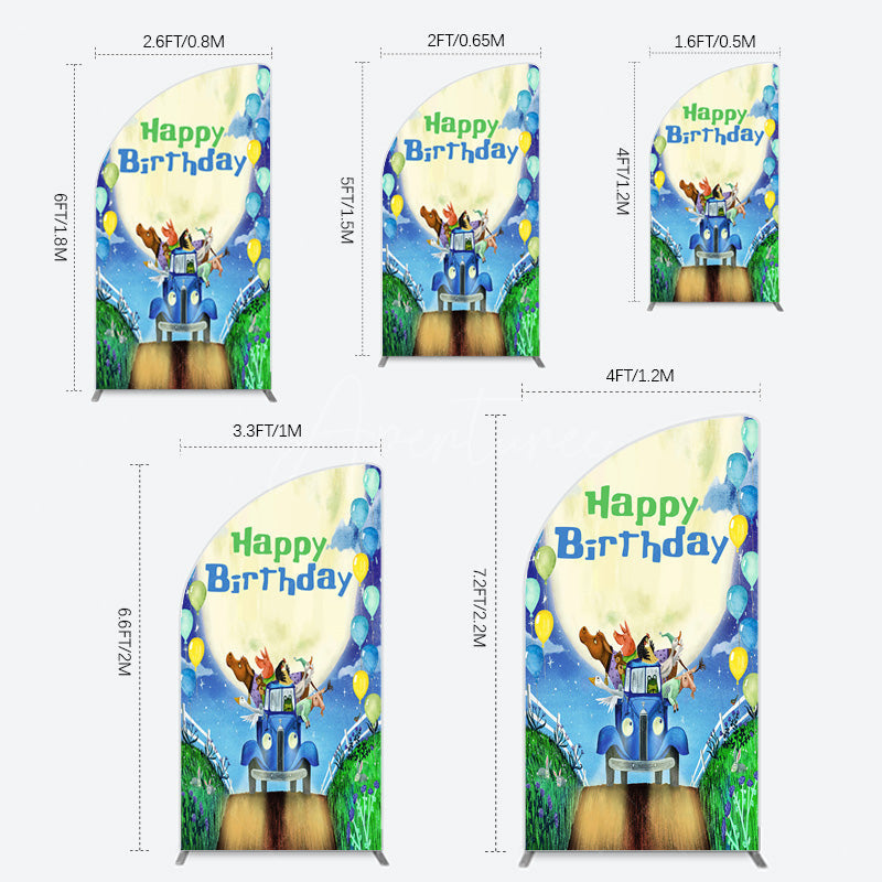Aperturee - Aperturee Animals Blue Truck Balloons Birthday Half Moon Arch Backdrop